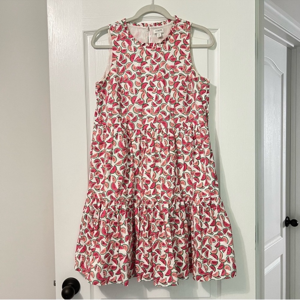 J. Crew Pink and White Watermelon Pattern Tiered Dress